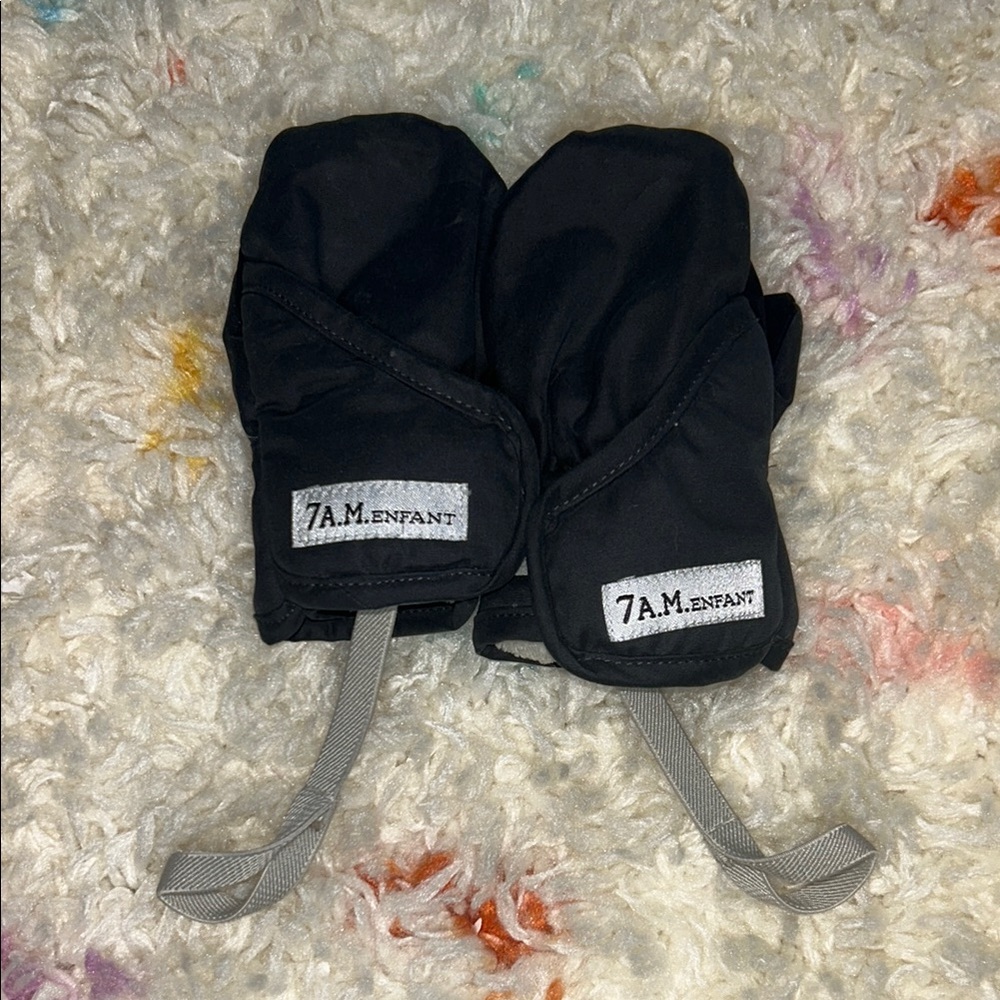 Black Mittens with Ribbed Cuffs and Attached Strings